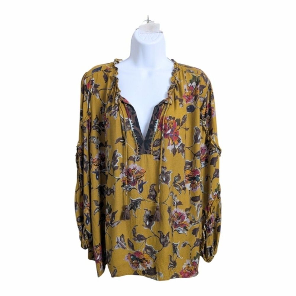Johnny Was Workshop Silk Blend Yellow Mustard Floral Blouse Size M Long Sleeve
